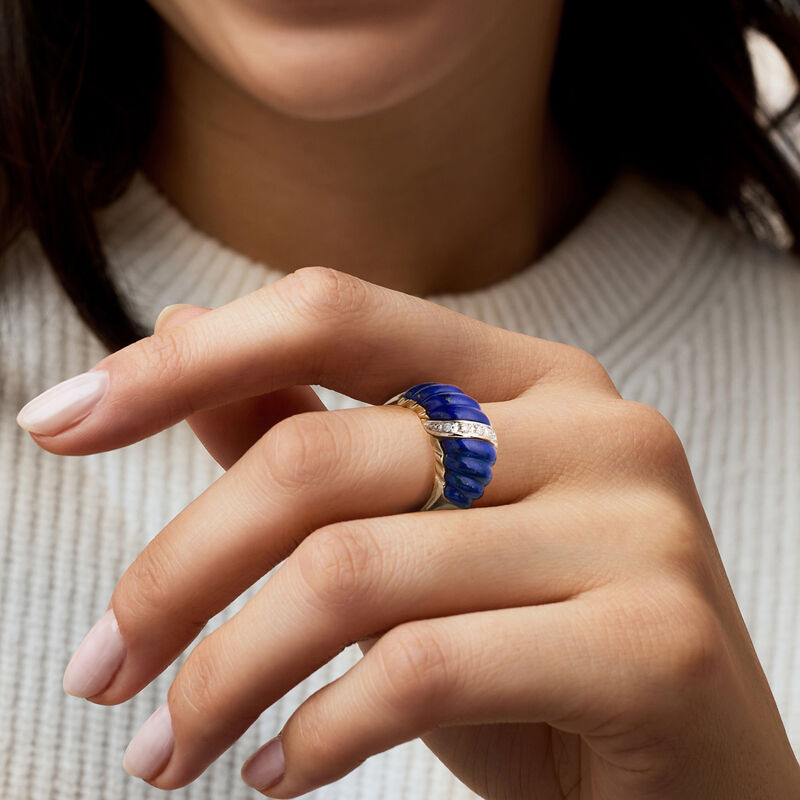 C. 1980 Vintage Lapis Shrimp Ring with .10 ct. t.w. Diamonds in 14kt Yellow Gold. Size 5 image number 1