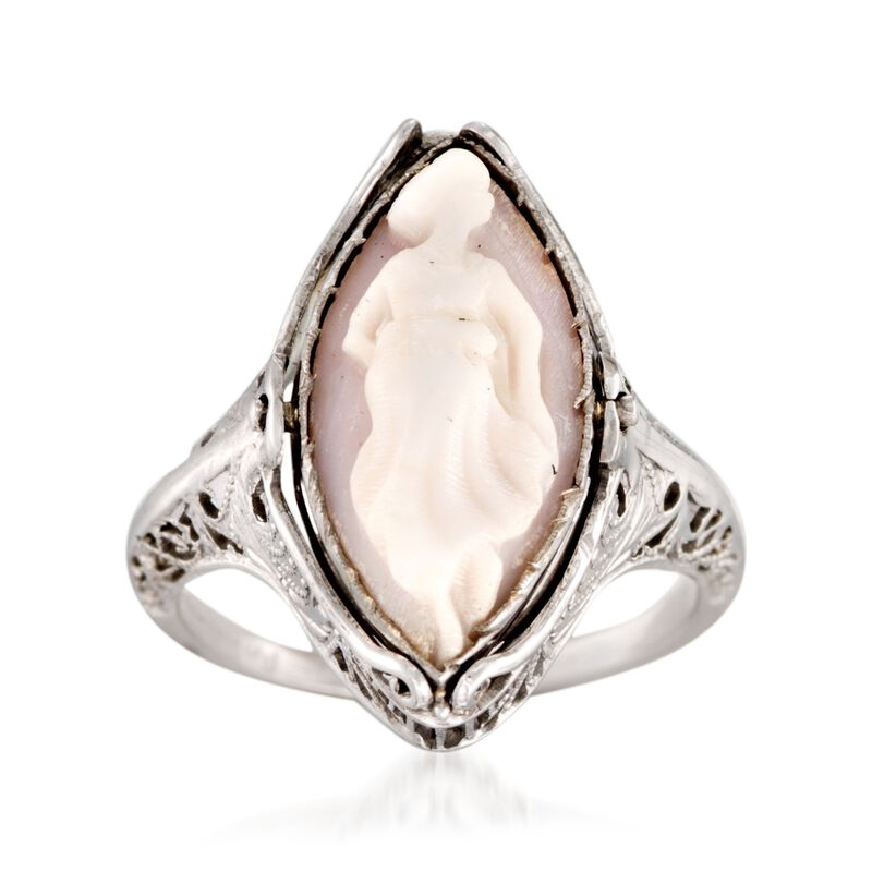 C. 1950 Vintage Black Onyx Ring With Carved Shell and Diamond Accents in 14kt White Gold. Size 6 image number 3