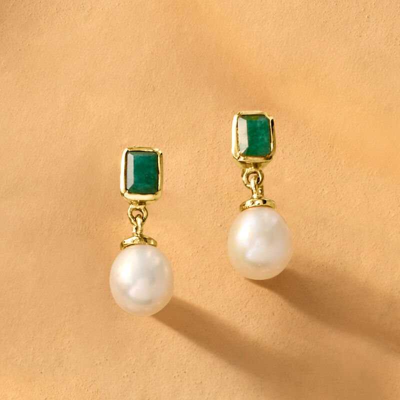 1.30 ct. t.w. Emerald and 8.5-9mm Cultured Pearl Drop Earrings in 18kt Gold Over Sterling image number 2