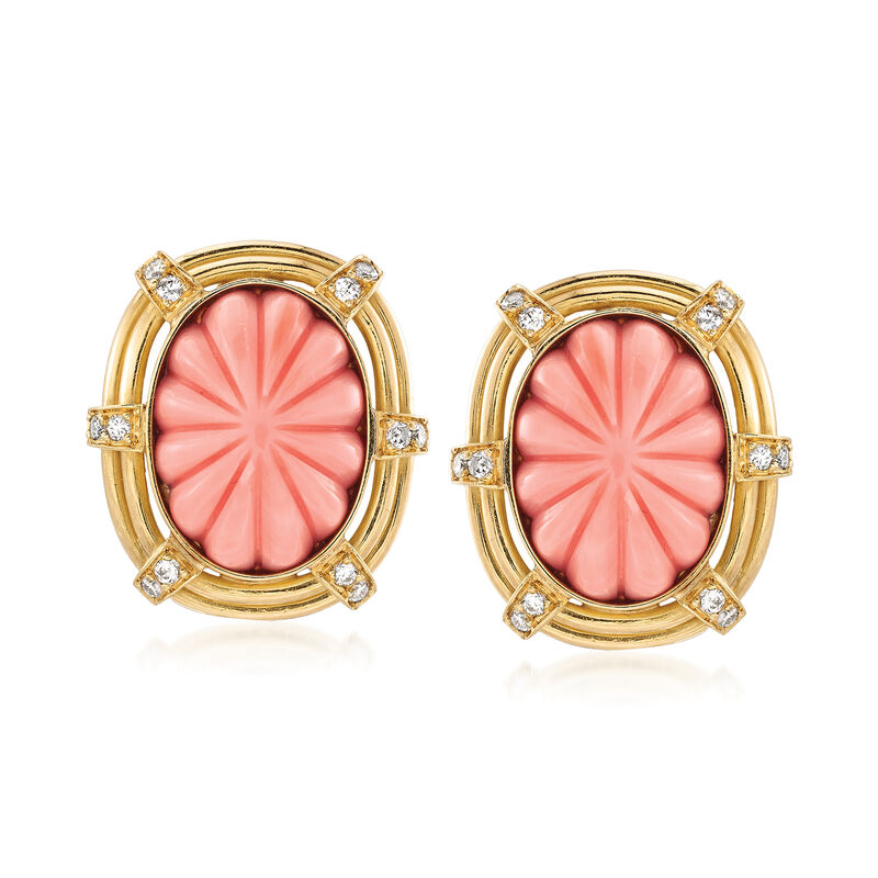 C. 1960 Vintage Pink Carved Coral and .65 ct. t.w. Diamond Earrings in 18kt Yellow Gold  image number 0