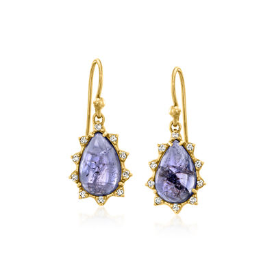 C. 1980 Vintage 5.50 ct. t.w. Iolite Drop Earrings with .20 ct. t.w. Diamonds in 14kt Yellow Gold
