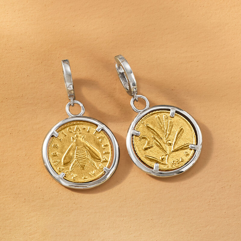 Italian Replica Lira Bumblebee Coin Drop Earrings in Sterling Silver and 18kt Gold Over Sterling  image number 4