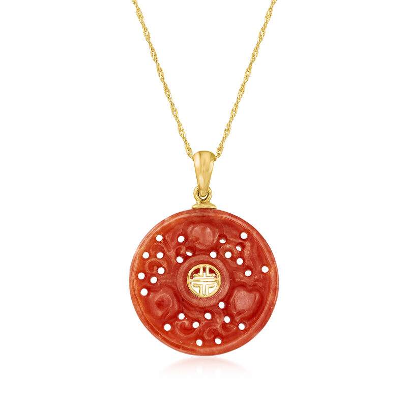 Red Jade "Longevity" Chinese Symbol Pendant Necklace in 14kt Yellow Gold  image number 0