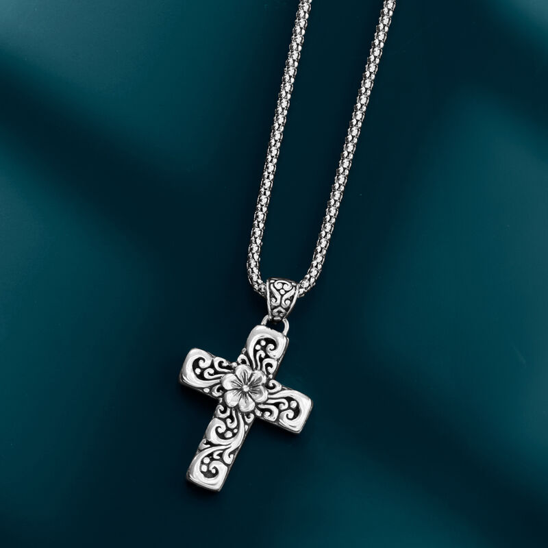 Sterling Silver Bali-Style Floral Cross Pendant Necklace. 18&quot; image number 2