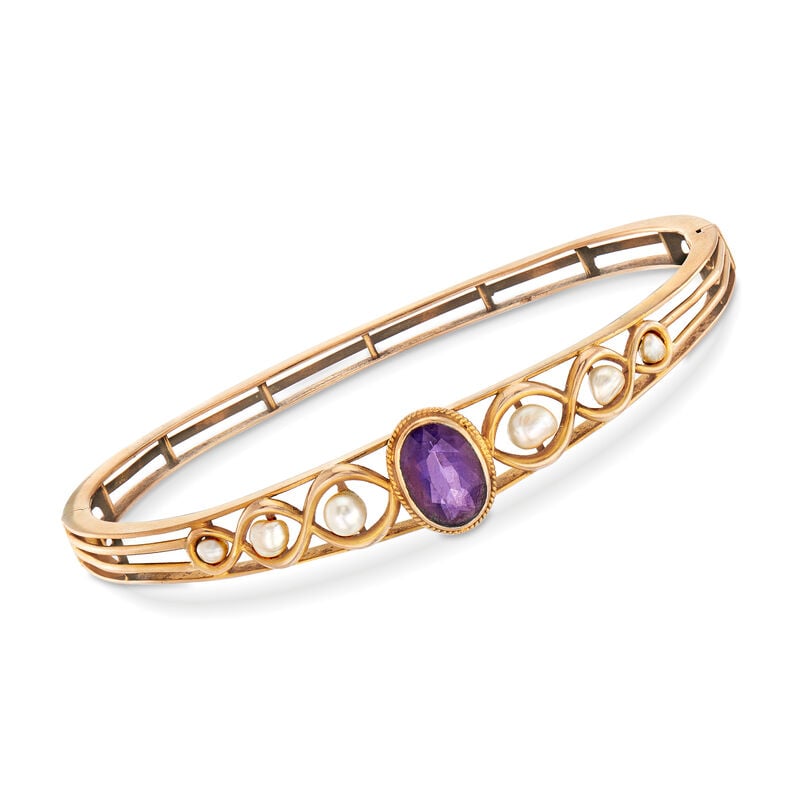 C. 1940 Vintage 2.00 Carat Amethyst and 2.5x4mm Cultured Pearl Bracelet in 14kt Yellow Gold. 7.5&quot; image number 0