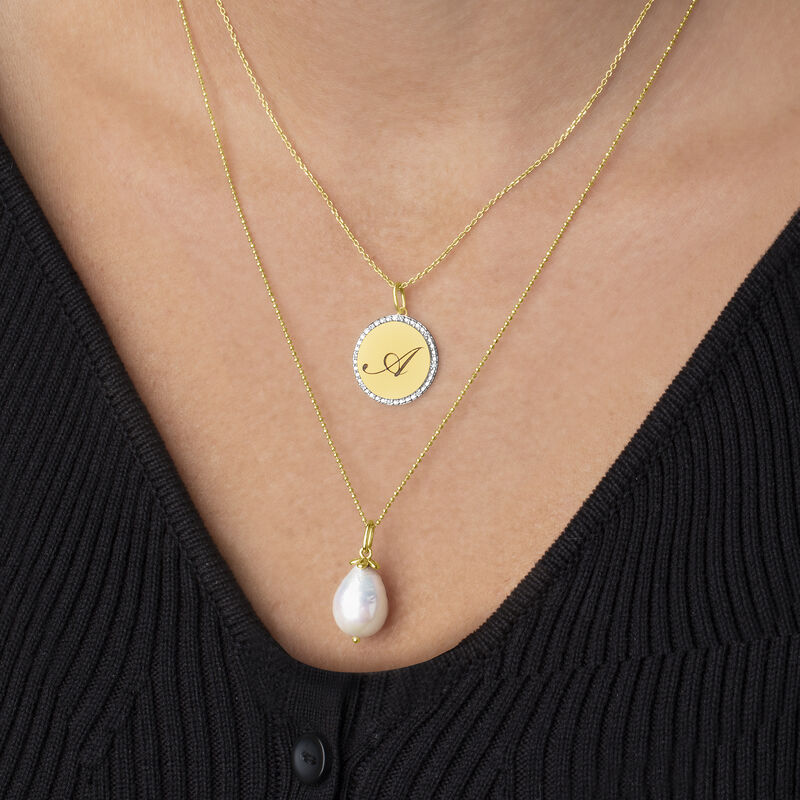 18kt Gold Over Sterling Layered Initial Necklace with 11-12mm Cultured Baroque Pearl and Diamonds image number 3