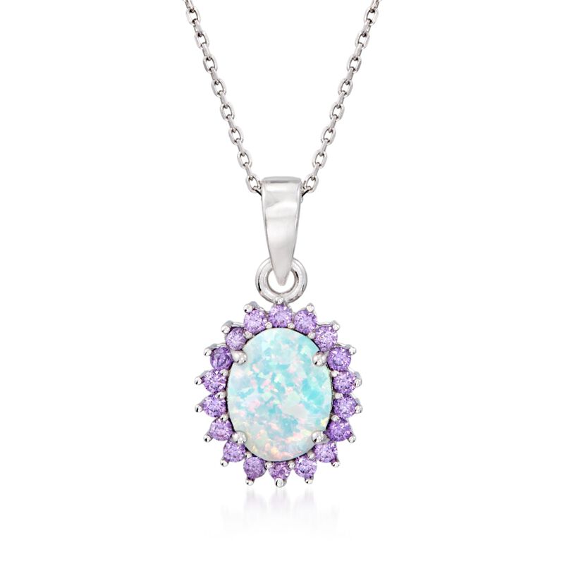 Simulated Opal and Simulated Amethyst Oval Pendant Necklace in Sterling Silver. 18&quot; image number 1