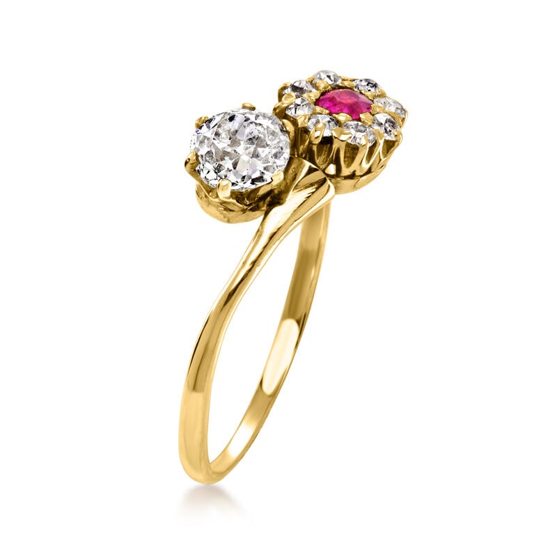 C. 1900 Vintage .10 Carat Ruby and .55 ct. t.w. Diamond Flower Bypass Ring in 18kt Yellow Gold. Size 5 image number 2