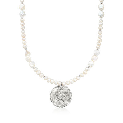 4-8mm Keshi Pearl and 5.5-6.5mm Cultured Pearl Sand Dollar Necklace with Hematite Beads in Sterling Silver