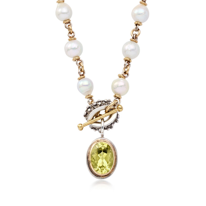 C. 1990 Vintage 7-7.5mm Cultured Pearl and 6.50 Carat Lemon Quartz Necklace in Sterling Silver and 18kt Gold Over Sterling. 15" image number 0