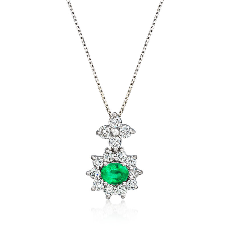 C. 1990 Vintage .30 Carat Emerald and .60 ct. t.w. Diamond Pendant Necklace in 18kt White Gold. 16" image number 0