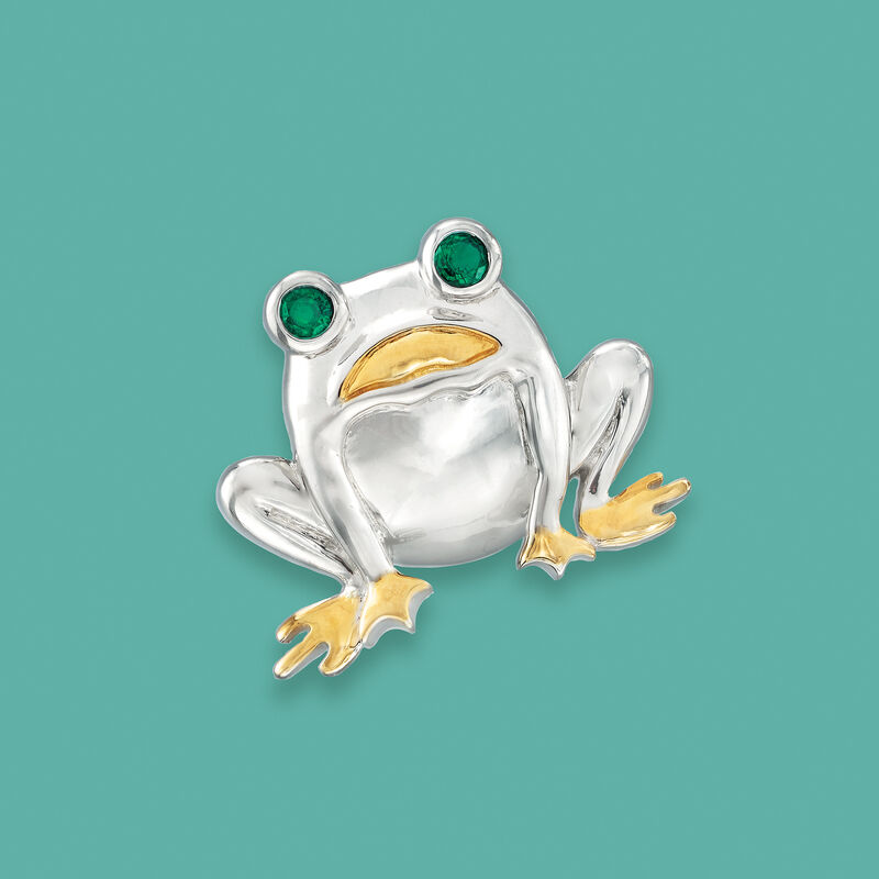 .30 ct. t.w. Simulated Emerald Frog Pin in Sterling Silver and 18kt Gold Over Sterling image number 2