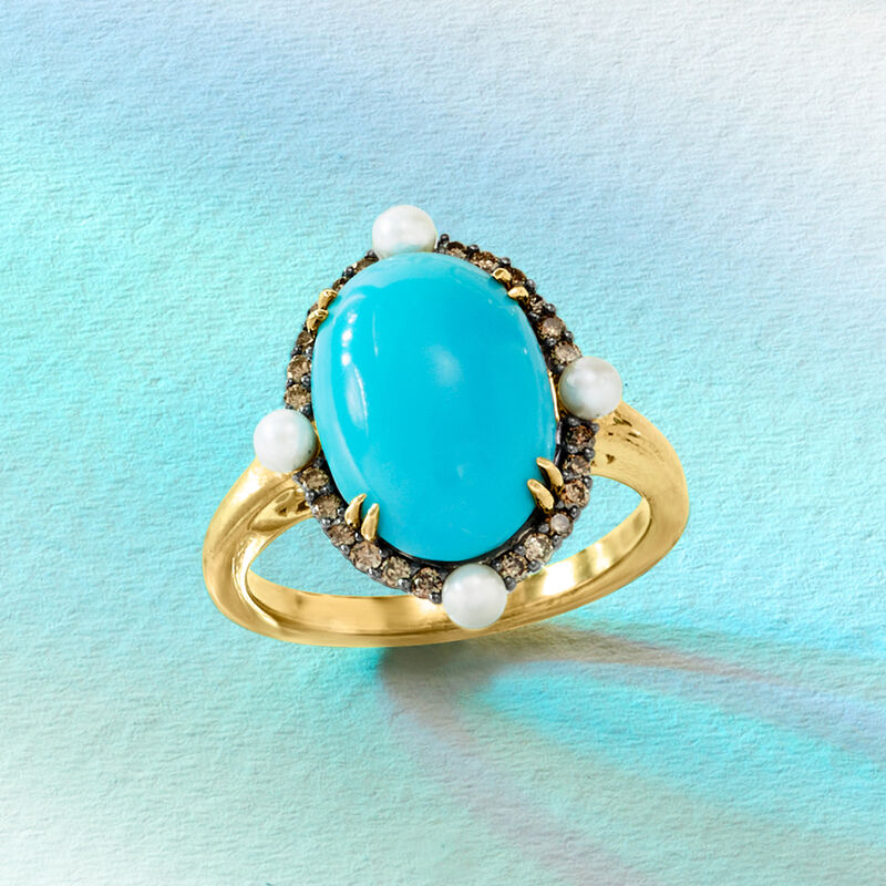 Turquoise and 2.5mm Cultured Pearl Ring with .29 ct. t.w. Brown Diamonds in 18kt Gold Over Sterling image number 3
