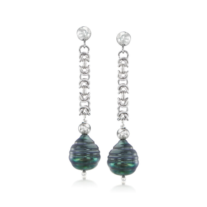 10.5-11.5mm Black Cultured Tahitian Pearl Byzantine Drop Earrings in Sterling Silver image number 0