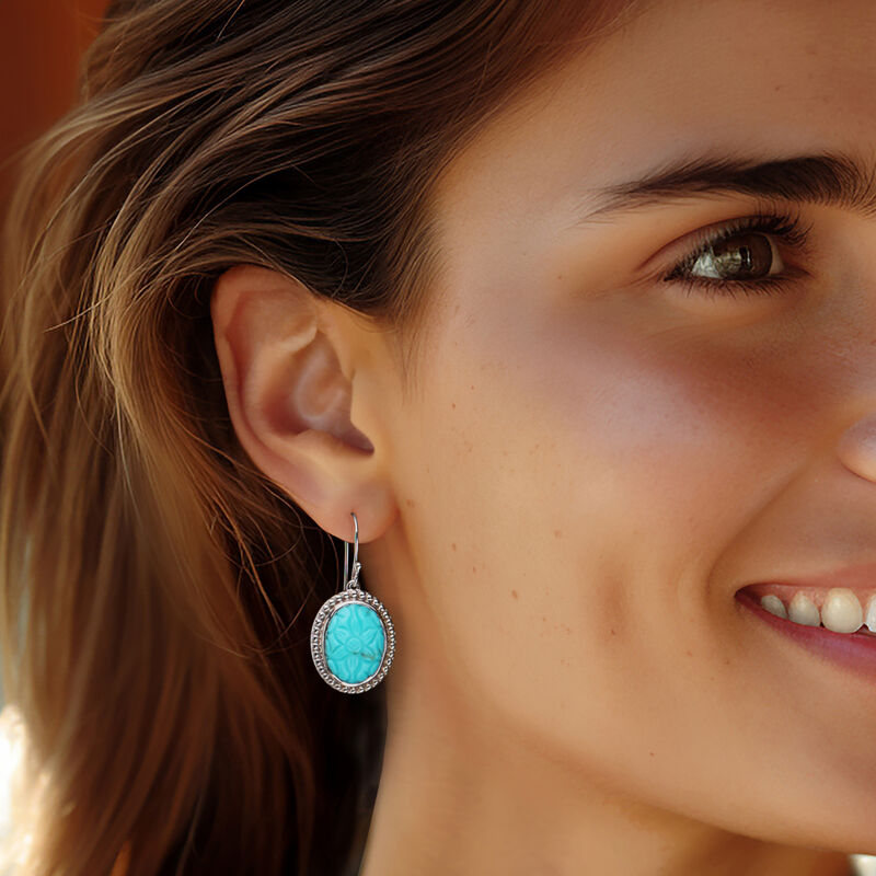 Carved Turquoise Floral Drop Earrings in Sterling Silver image number 1