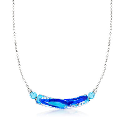 Italian Blue and White Murano Glass Bead Necklace in Sterling Silver