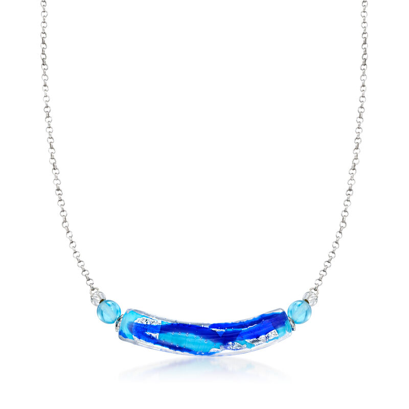 Italian Blue and White Murano Glass Bead Necklace in Sterling Silver. 18&quot; image number 1