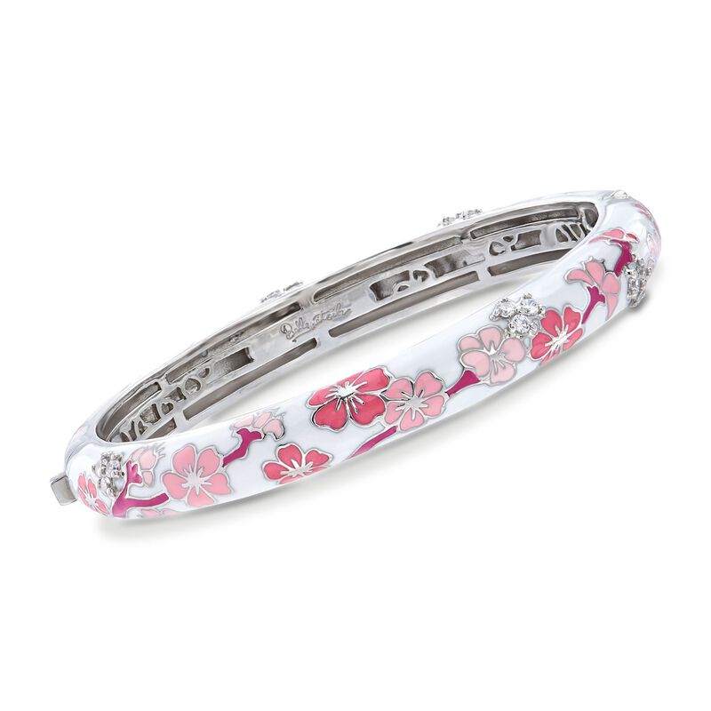 Belle Etoile &quot;Constellations: Sakura&quot; Pink Enamel and .54 ct. t.w. CZ Bangle Bracelet in Sterling Silver. 7&quot; image number 0