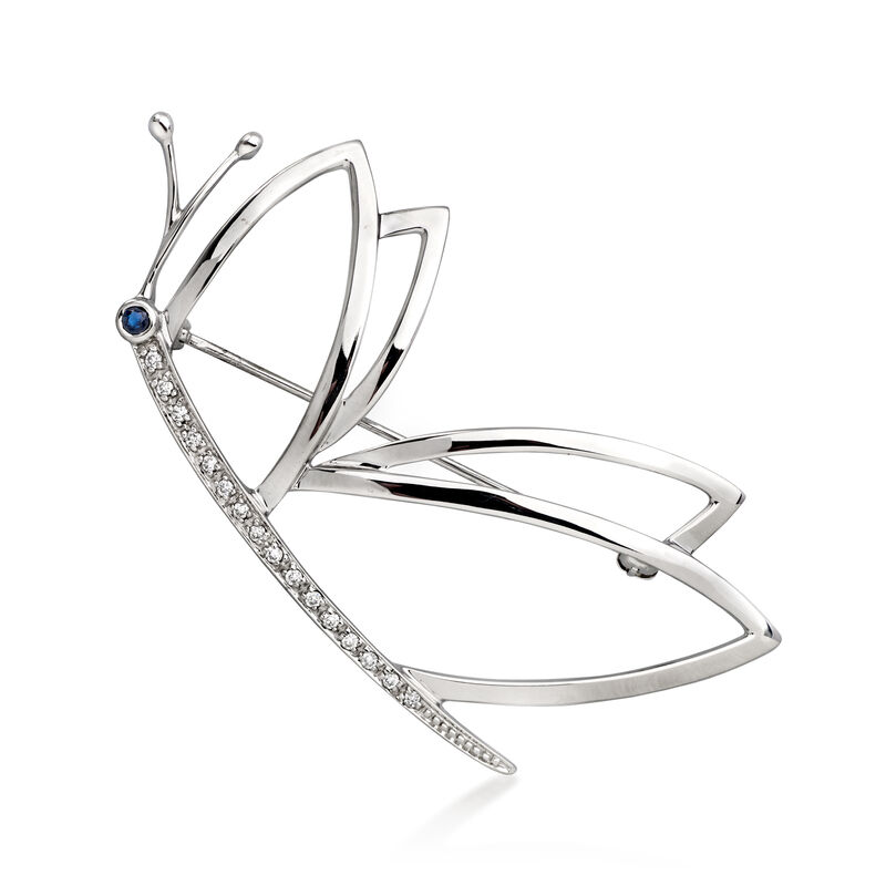 C. 1990 Vintage 14kt White Gold Butterfly Pin with Diamonds and Single Sapphire image number 0