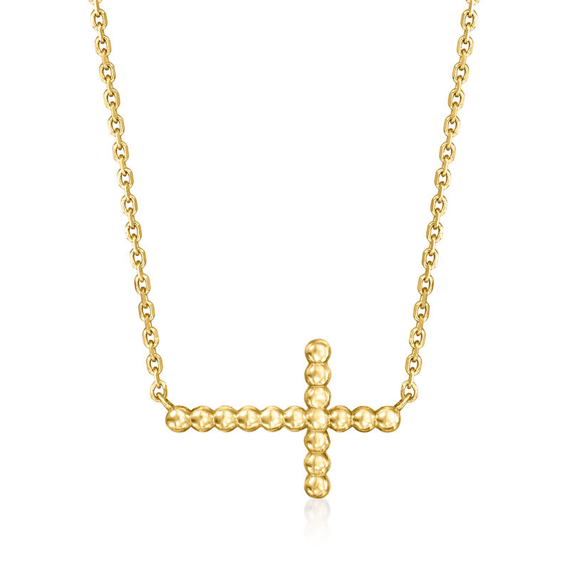 Italian 14kt Yellow Gold Beaded Sideways Cross Necklace. 16" image number 1