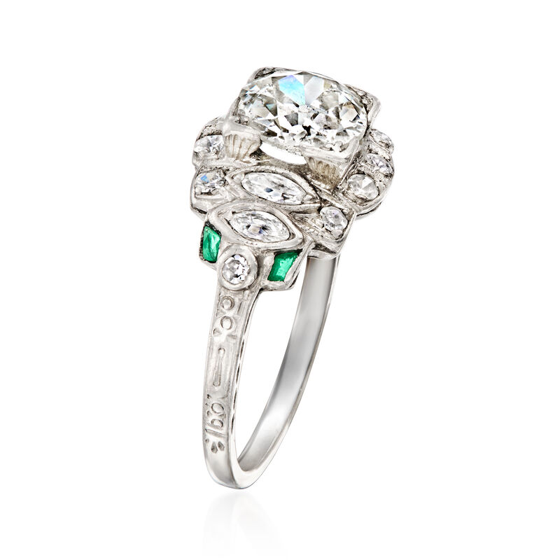 C. 1930 Vintage 1.61 ct. t.w. Diamond Ring with .10 ct. t.w. Synthetic Emeralds in Platinum. Size 6.5