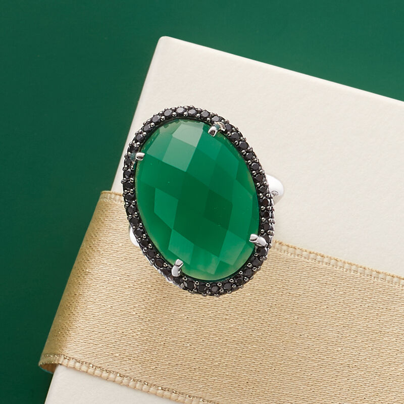 Green Chalcedony and 1.50 ct. t.w. Black Spinel Ring in Sterling Silver image number 3