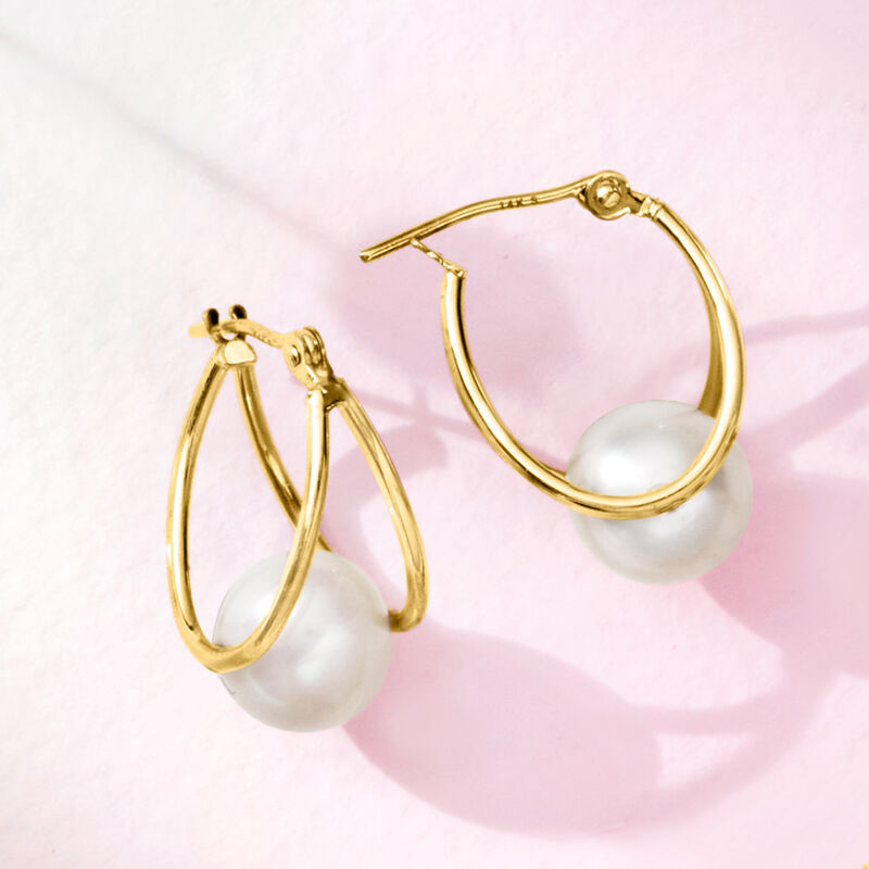 8-9mm Cultured Pearl Double-Hoop Earrings in 14kt Yellow Gold. 3/4&quot; image number 7