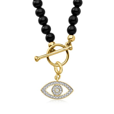 3.5-4mm Onyx Bead Charm-Compatible Toggle Necklace in 18kt Gold Over Sterling