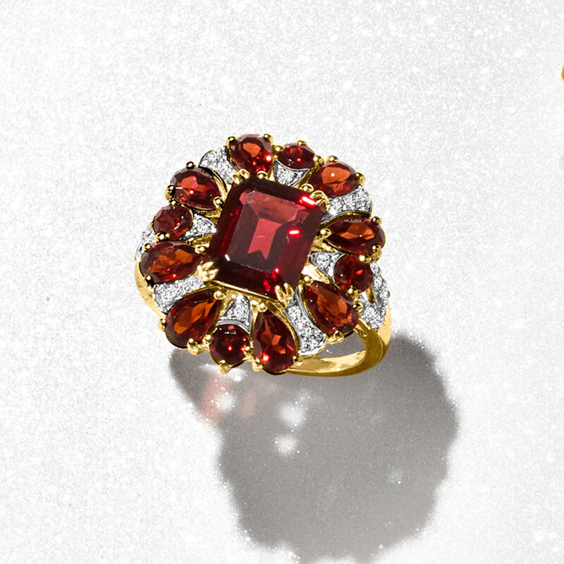 6.30 ct. t.w. Garnet and .24 ct. t.w. Diamond Ring in 14kt Yellow Gold image number 4