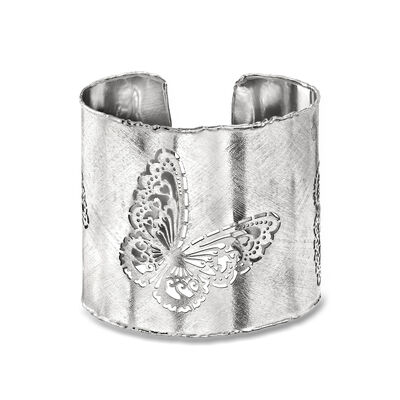 Italian Sterling Silver Brushed and Polished Openwork Butterfly Cuff Bracelet