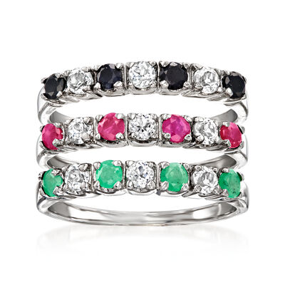 1.50 ct. t.w. Multi-Gemstone Jewelry Set: Three Rings in Sterling Silver