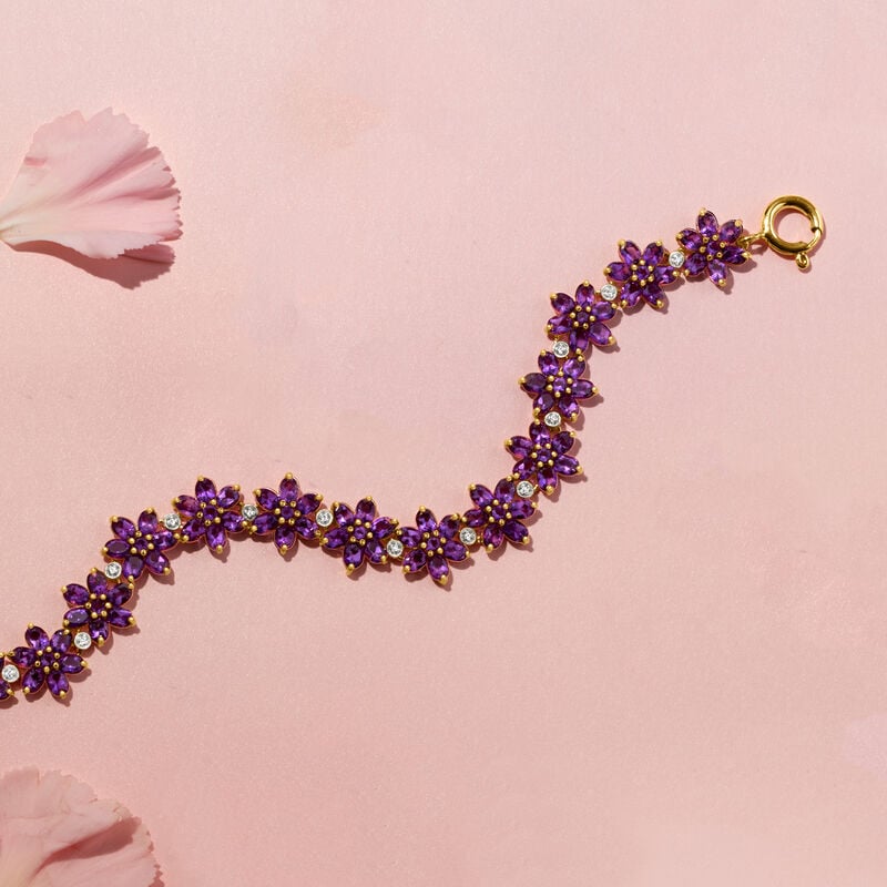 12.80 ct. t.w. Amethyst Flower Bracelet with .10 ct. t.w. White Zircon in 18kt Gold Over Sterling. 7&quot; image number 3