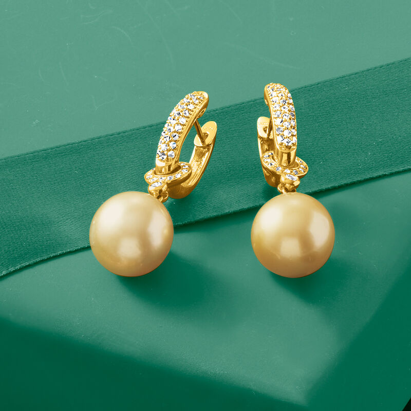 12-13mm Golden Cultured South Sea Pearl and .53 ct. t.w. Diamond Hoop Drop Earrings in 18kt Yellow Gold image number 5