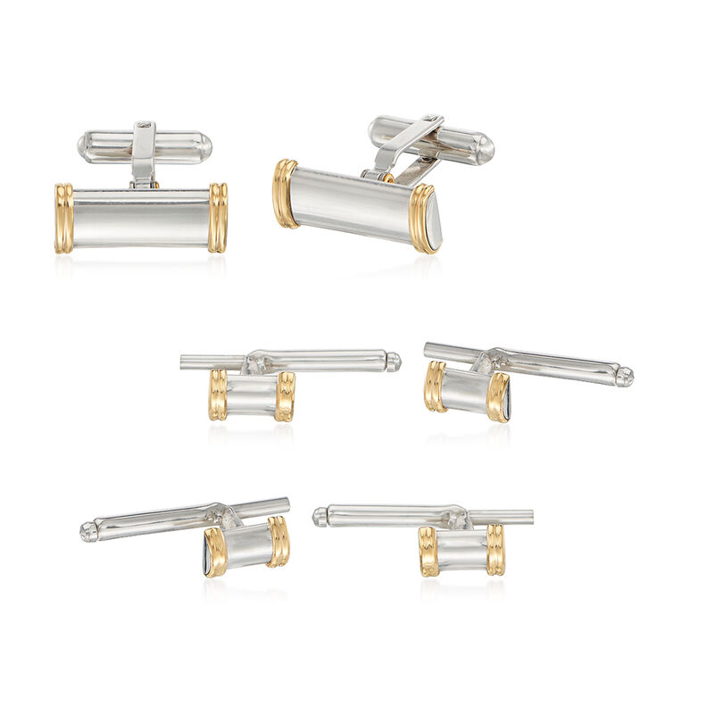 C. 1980 Vintage Sterling Silver and 14kt Yellow Gold Cuff Links and Button Cover Set image number 0