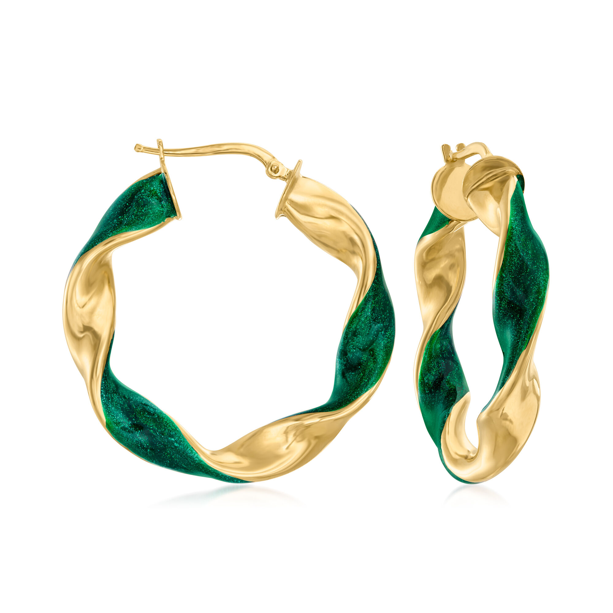 Italian Green Enamel and 18kt Gold Over Sterling Twisted Hoop