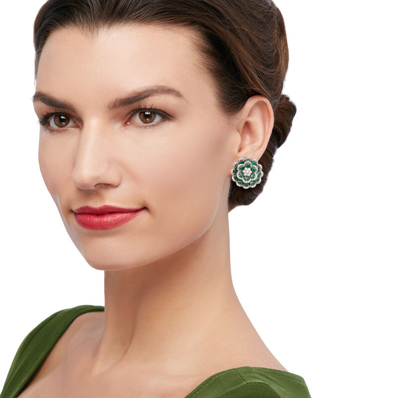 6.20 ct. t.w. Emerald and 1.90 ct. t.w. Diamond Flower Earrings in 18kt White Gold image number 1