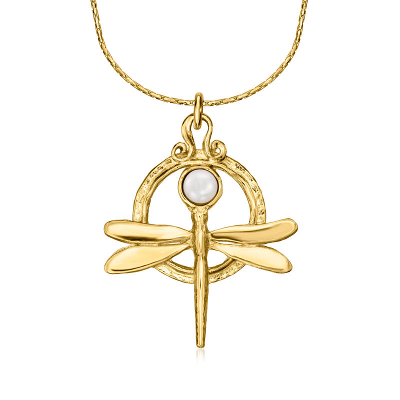 4.5-5mm Cultured Pearl Dragonfly Pendant Necklace in 18kt Gold Over Sterling. 18&quot; image number 1