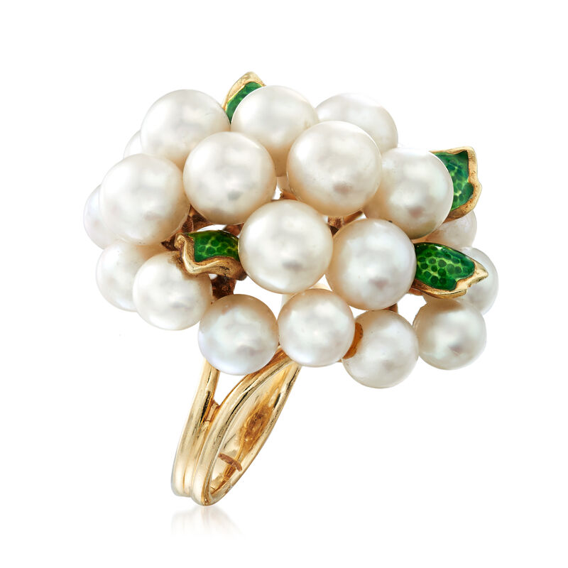 C. 1970 Vintage Cultured Pearl and Green Enamel Cluster Ring in 14kt Yellow Gold image number 2