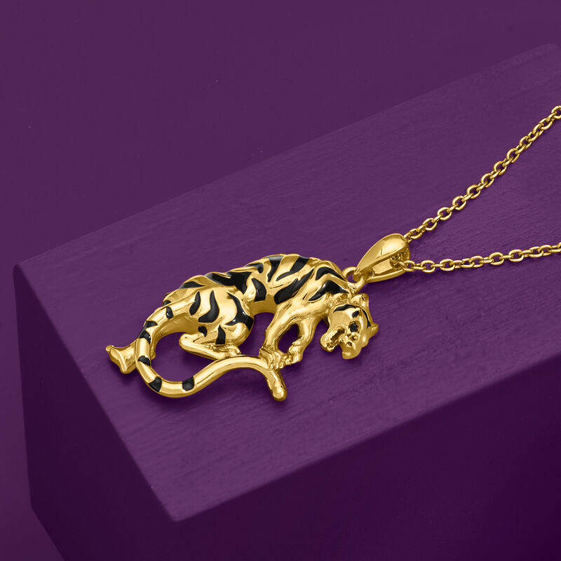 Black Enamel Tiger Pendant Necklace in 18kt Gold Over Sterling image number 2