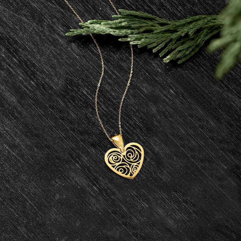 Italian 14kt Yellow Gold Openwork Heart Pendant Necklace. 16.5&quot; image number 2