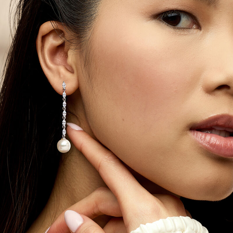 Rhodium-Plated Drop Earrings with Shell Pearls and 2.16 ct. t.w. CZs image number 1
