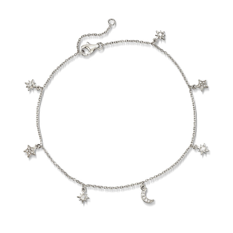 .23 ct. t.w. CZ Sun and Moon Charm Anklet in Sterling Silver. 9&quot; image number 0
