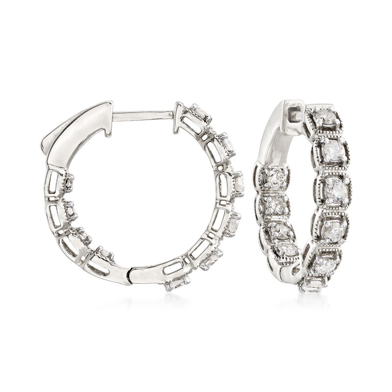 1.00 ct. t.w. Diamond Inside-Outside Hoop Earrings in 14kt White Gold. 3/4&quot; image number 0