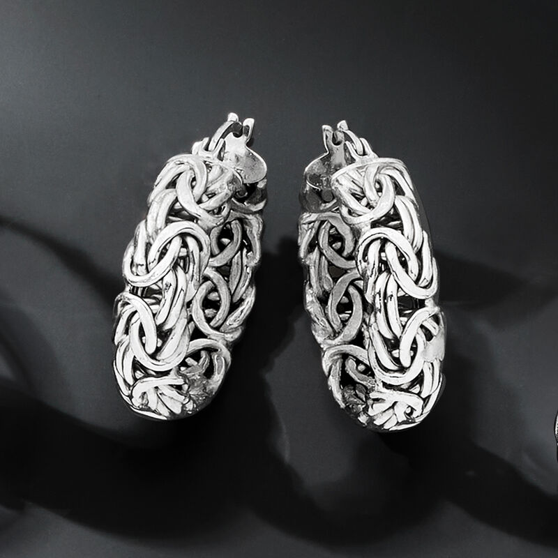 Sterling Silver Byzantine Hoop Earrings. 1&quot; image number 4