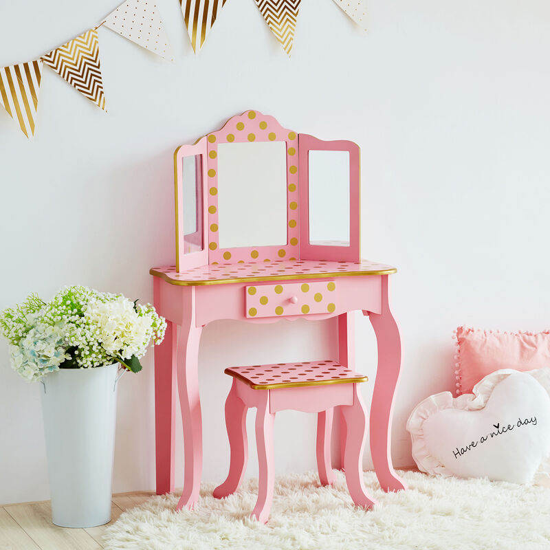 Fantasy Fields &quot;Fashion Polka Dot&quot; Child's Gisele Pink and Gold Toy Vanity Set with Mirror image number 0