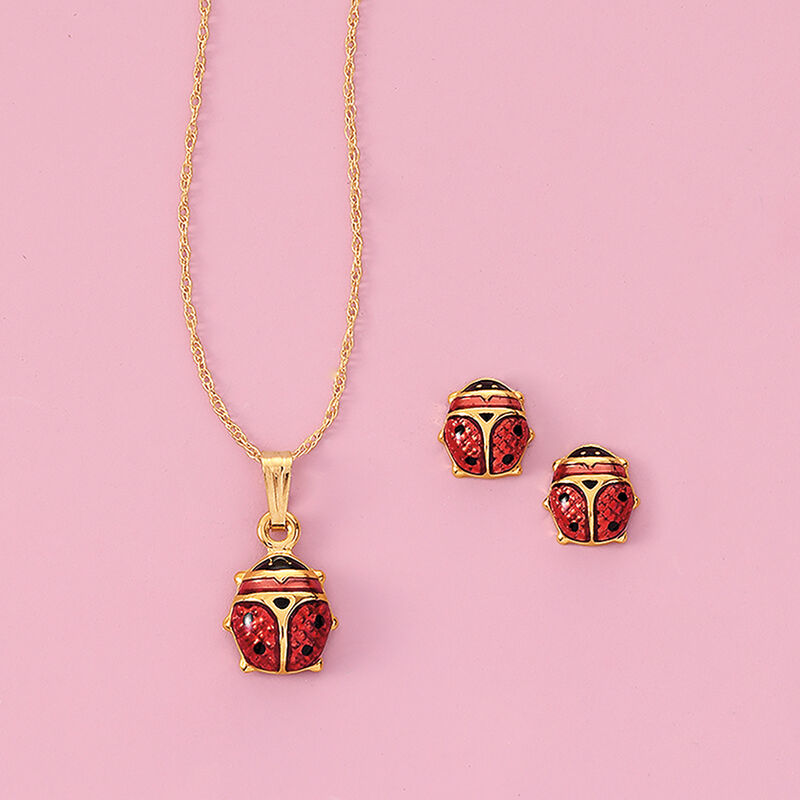 Child's Red Enamel Ladybug Pendant Necklace in 14kt Yellow Gold. 15&quot; image number 1