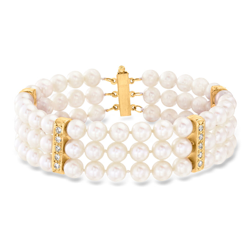 C. 1980 Vintage 5.9mm Cultured Pearl Three-Row Bracelet with .75 ct. t.w. Diamonds in 14kt Yellow Gold. 7.25" image number 0