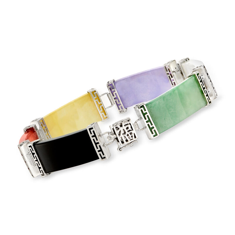 Multicolored Jade &quot;Good Fortune&quot; Bracelet in Sterling Silver. 7.5&quot; image number 0