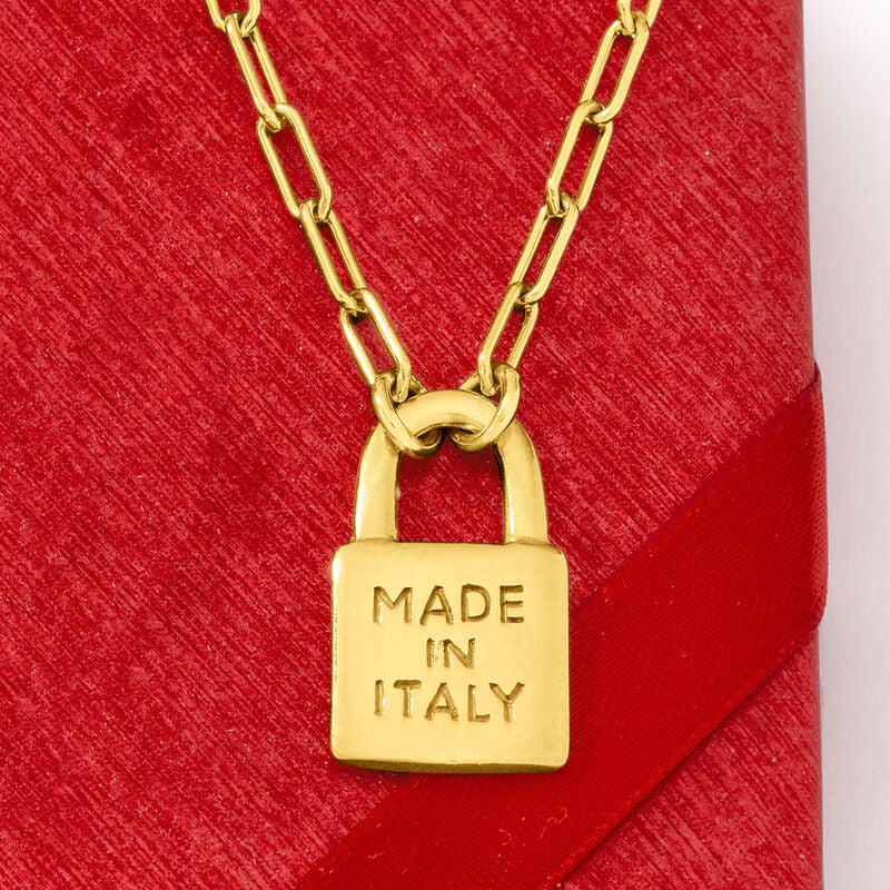Italian 18kt Gold Over Sterling &quot;Made in Italy&quot; Lock Pendant Paper Clip Link Necklace image number 2