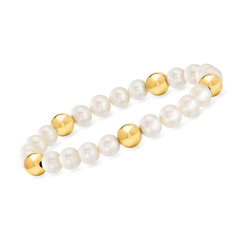 7-7.5mm Cultured Pearl and 8mm 14kt Yellow Gold Bead Stretch Bracelet. 8&quot; image number 0